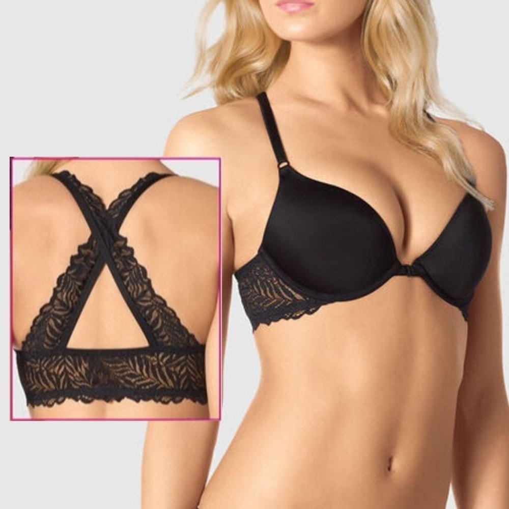 La Senza Front-Close Light Push-Up Bra with Lace Wings & Criss-Cross-Back *32C*
